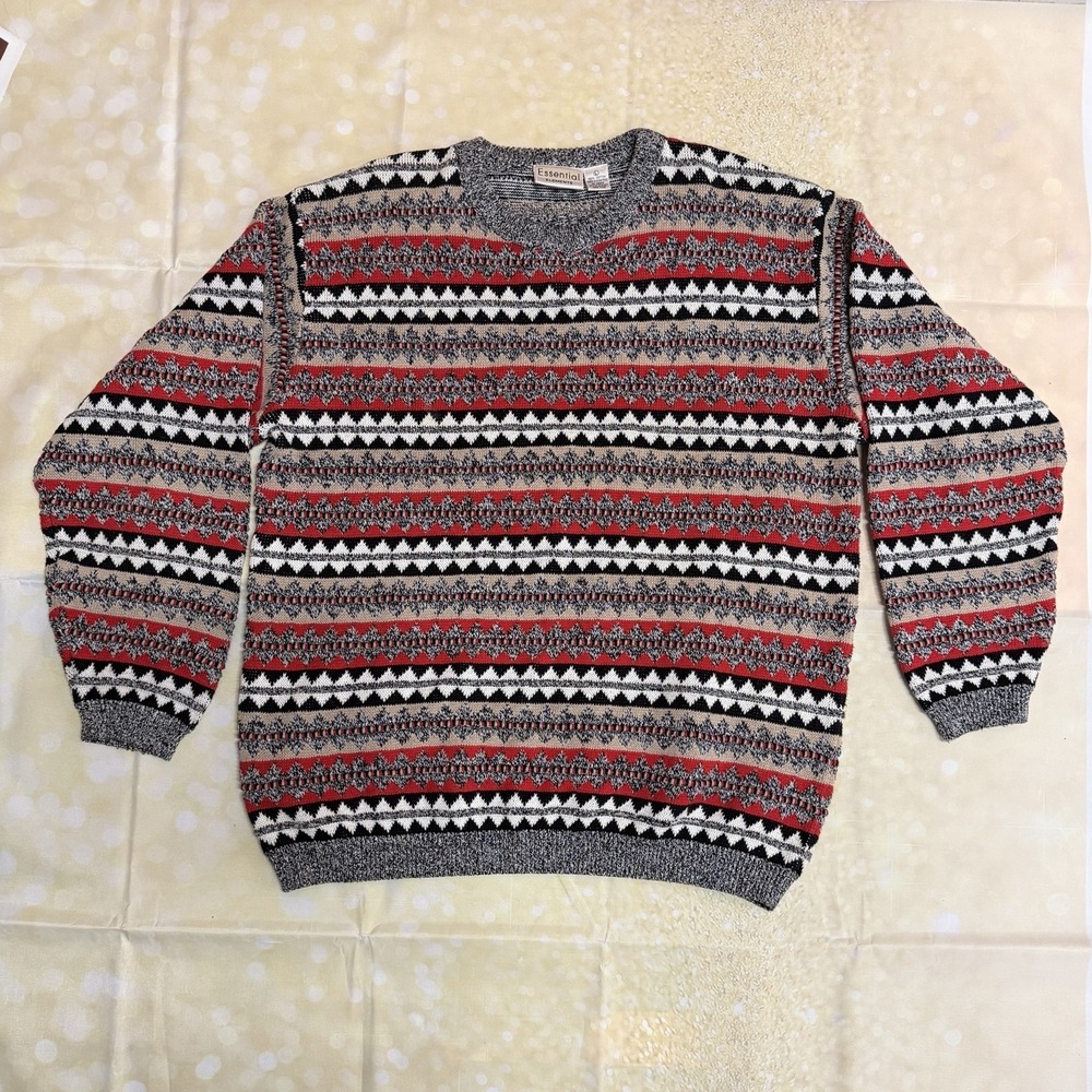 Vintage 100% Cotton Striped Sweater Sz Large Essential Elements Brand Geometric - Picture 2 of 7